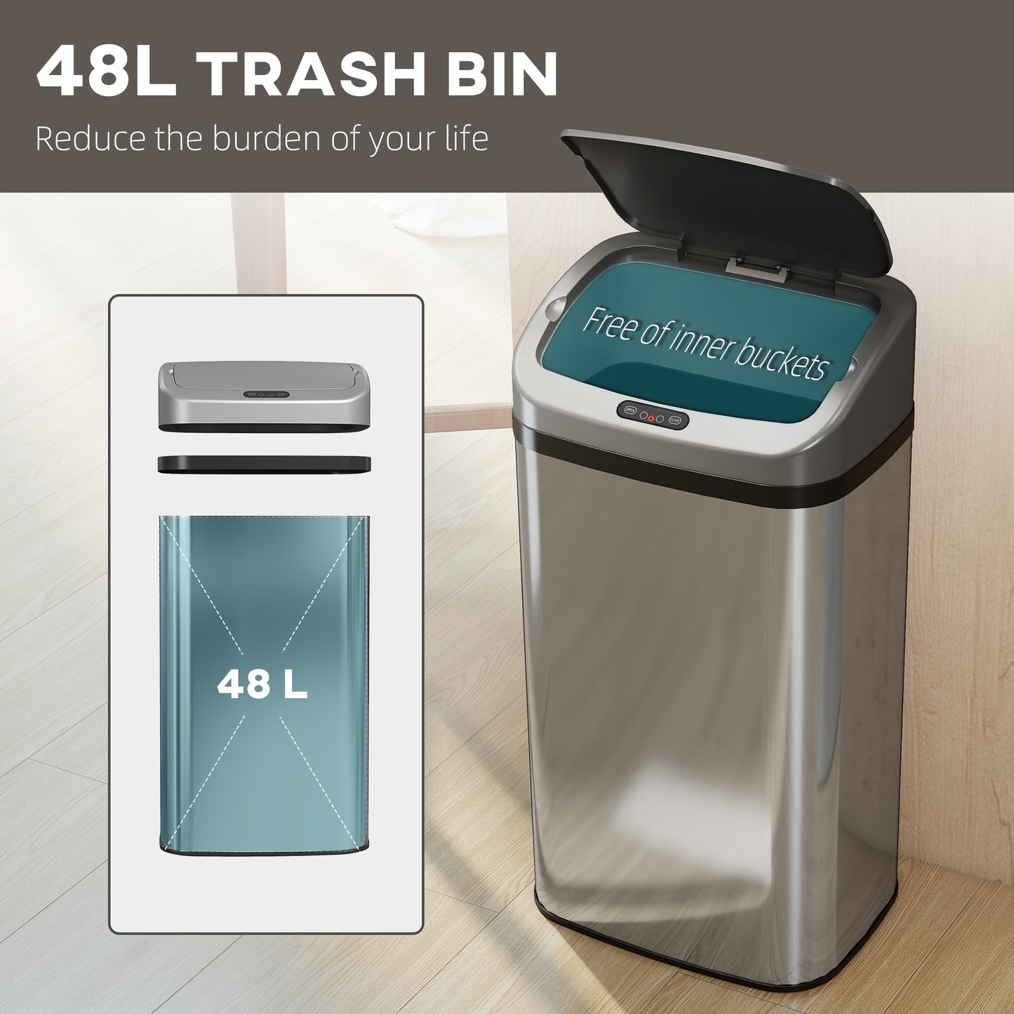 HOMCOM 48L Stainless Steel Sensor Bin Automatic Lid Infrared Sensor Kitchen Trash Can Silver Tone
