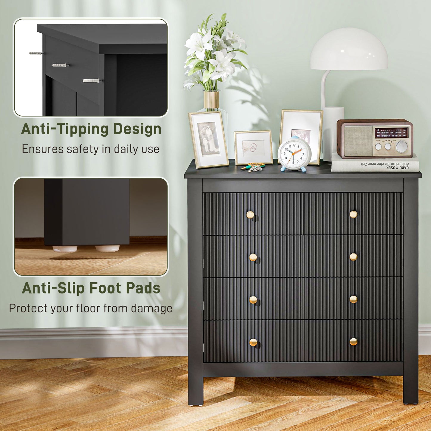 HOMCOM Five Drawer Chest Of Drawers In Black With Ridged Fronts And Gold Handles