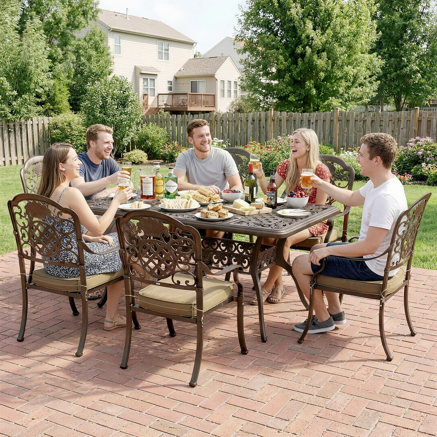 Outsunny Garden Dining Set For 6 Cast Aluminium Outdoor Table And Chairs With Cushions And Parasol Hole Bronze Tone
