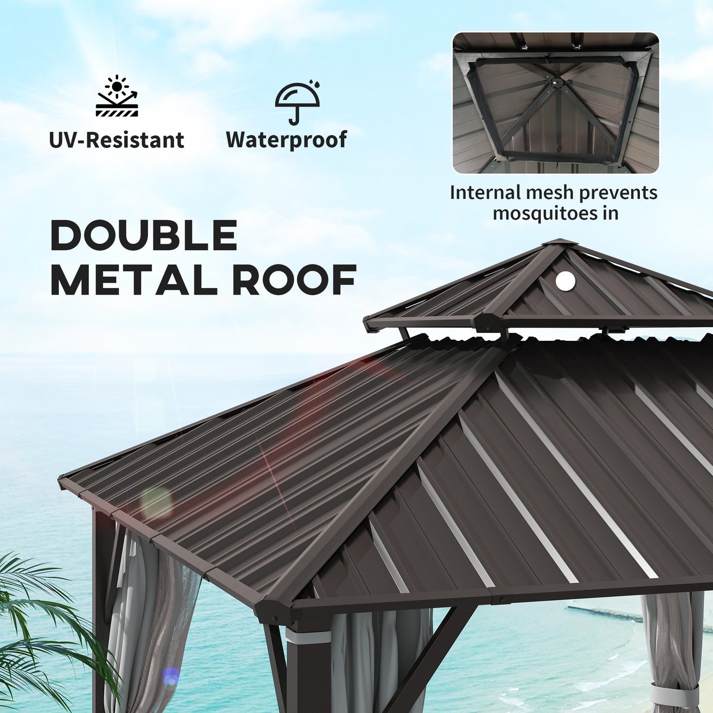 Outsunny 3 x 3m Hardtop Gazebo With Metal Roof Waterproof Permanent Pavilion Garden Canopy Netting Curtains Grey