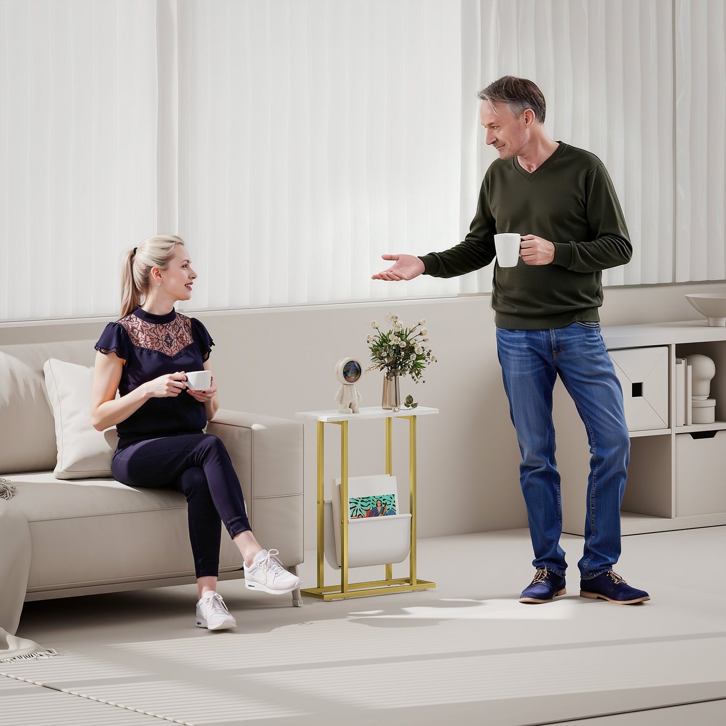 HOMCOM Narrow Side Table With Magazine Holder End Table For Small Spaces Living Room Bedroom White Marble Grain