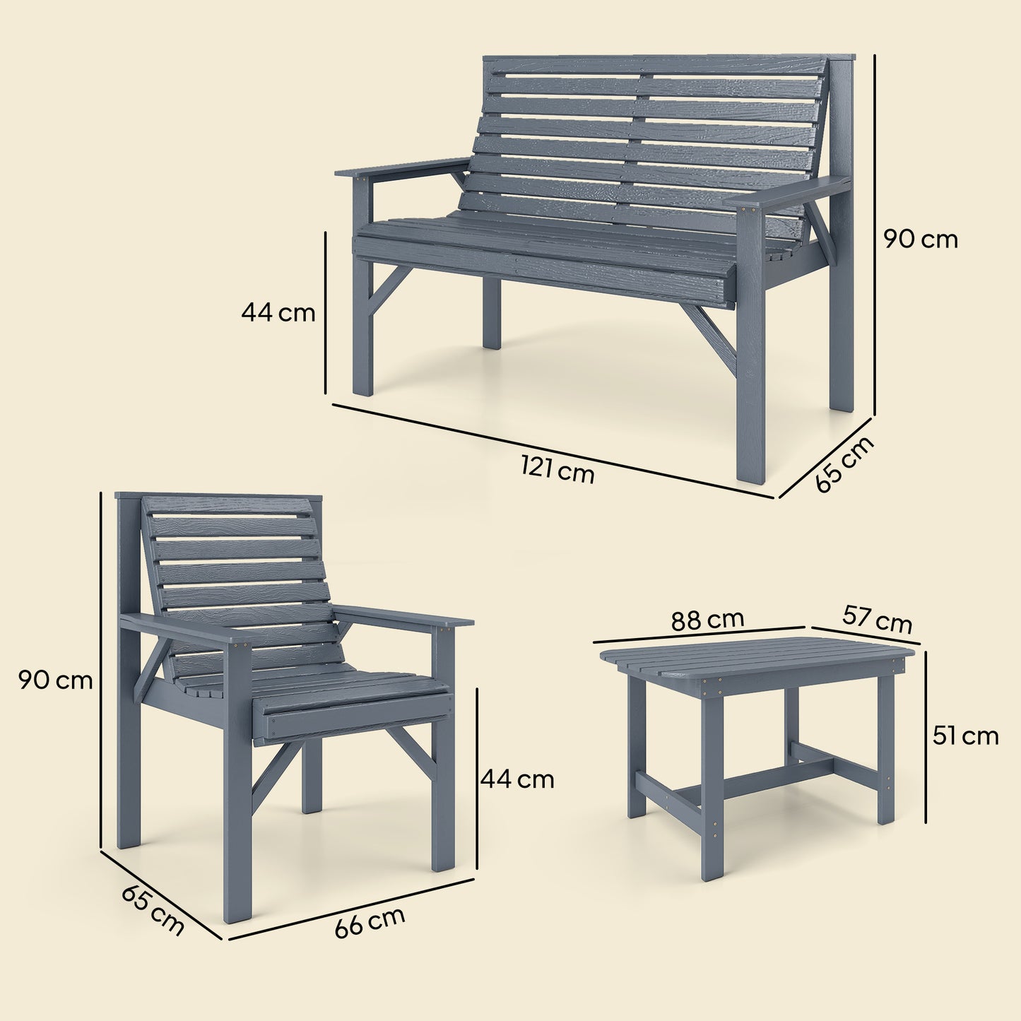 Outsunny 4 Piece Wooden Garden Furniture Set Outdoor Patio Sofa Set With 2 Armchairs Loveseat and Coffee Table Grey