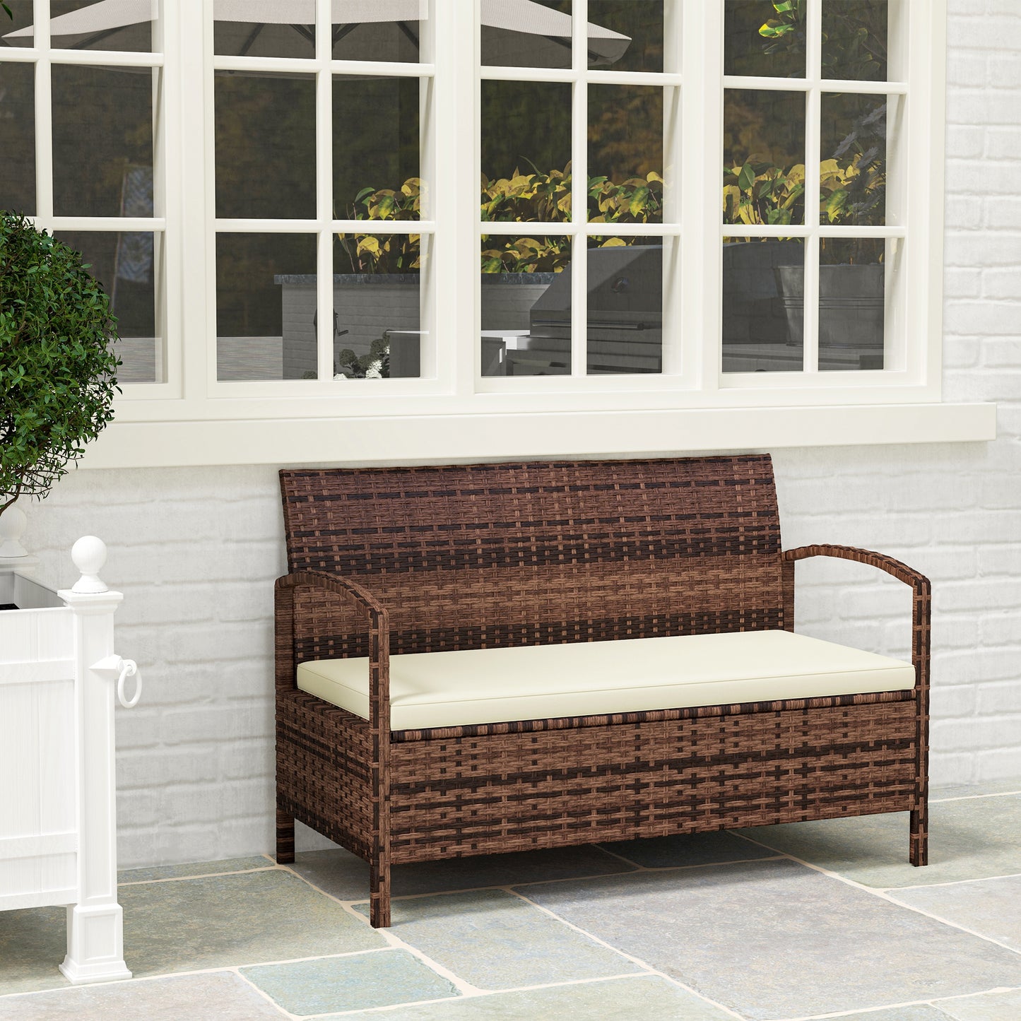 Outsunny 125L Storage Garden Bench With Cushion Brown Rattan Outdoor Two In One Design