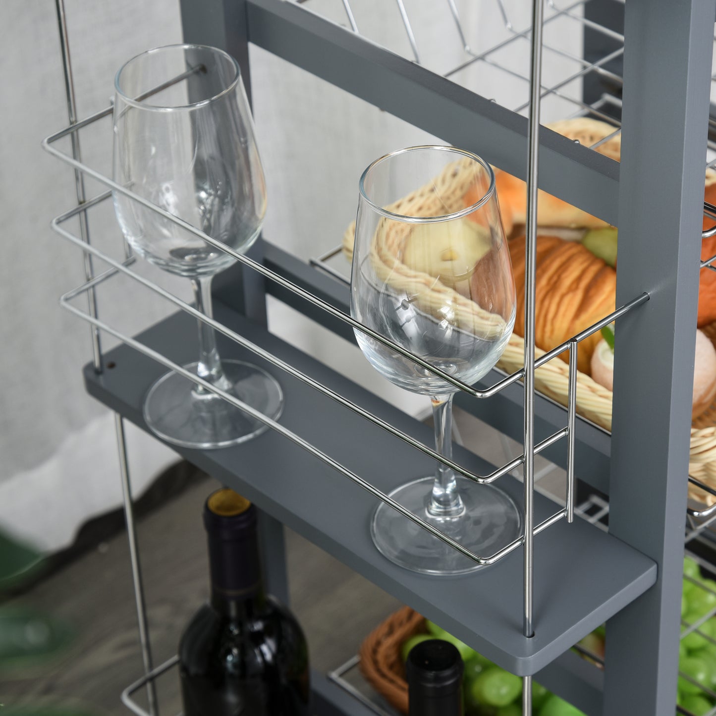 HOMCOM Rolling Kitchen Cart With Four Basket Drawers And Side Racks On Wheels For Dining Room Grey