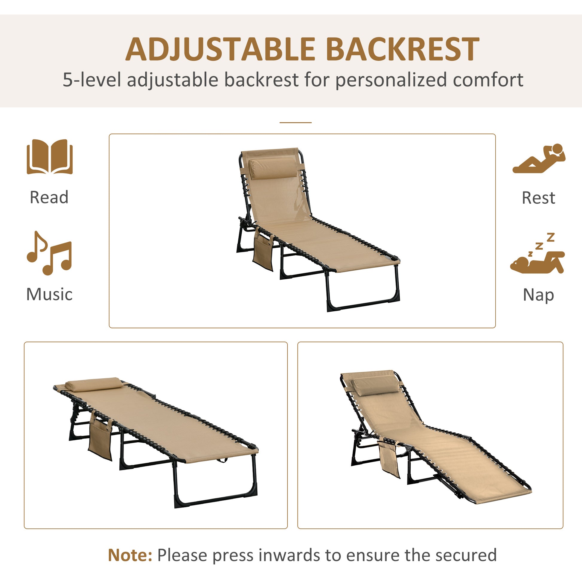 Outsunny Adjustable Folding Sun Lounger Set of 2 with Side Pocket - Portable Reclining Camping Cots - ALL4U RETAILER LTD