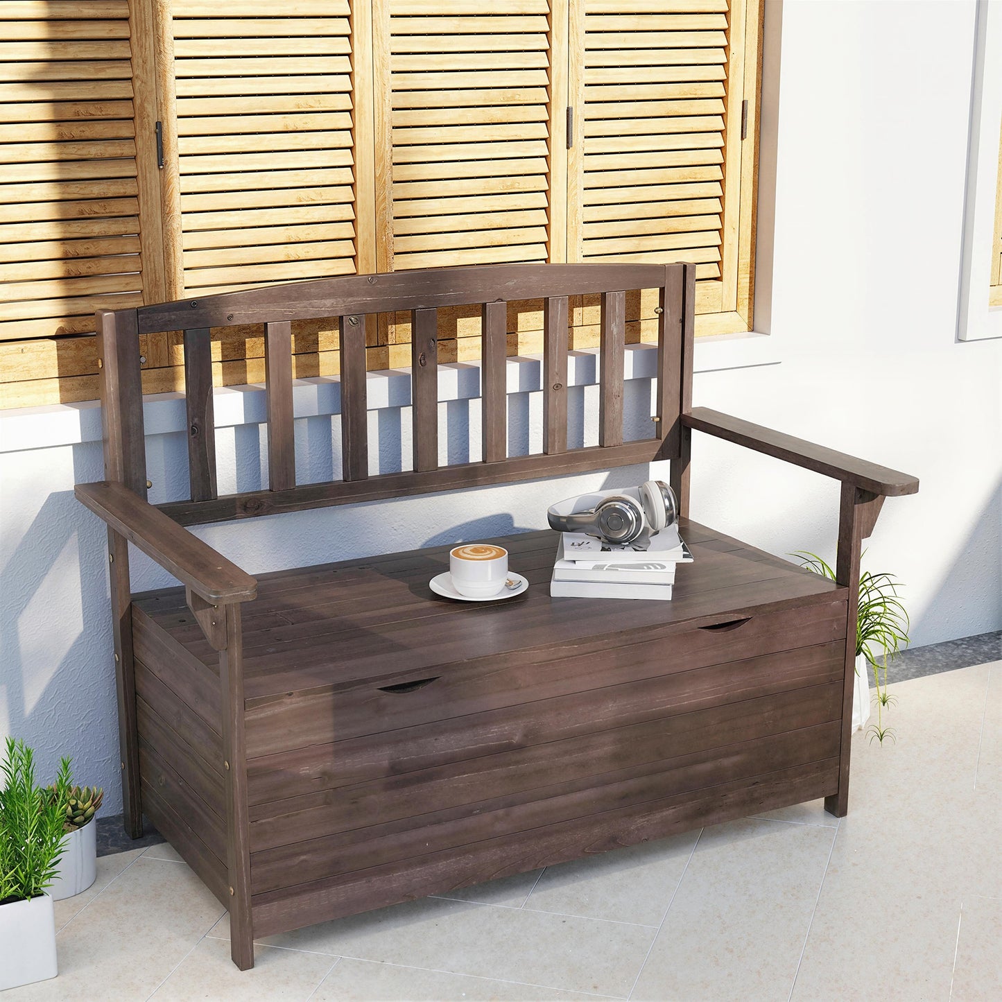 Outsunny Outdoor 2 Seater Garden Bench With Storage Brown Fir Wood Backrest And Armrests 112 X 84 X 58 Cm