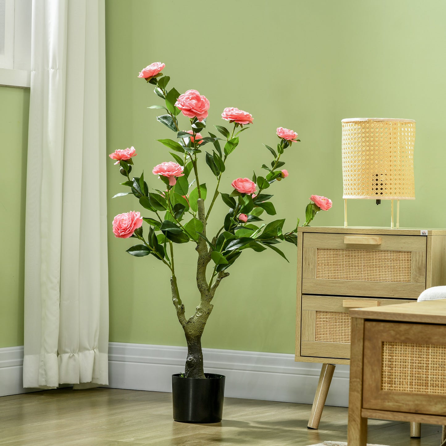 HOMCOM Set of 2 Pink Camellia Artificial Plants with Cement Pot for Indoor and Outdoor Decor, 95cm Tall - ALL4U RETAILER LTD