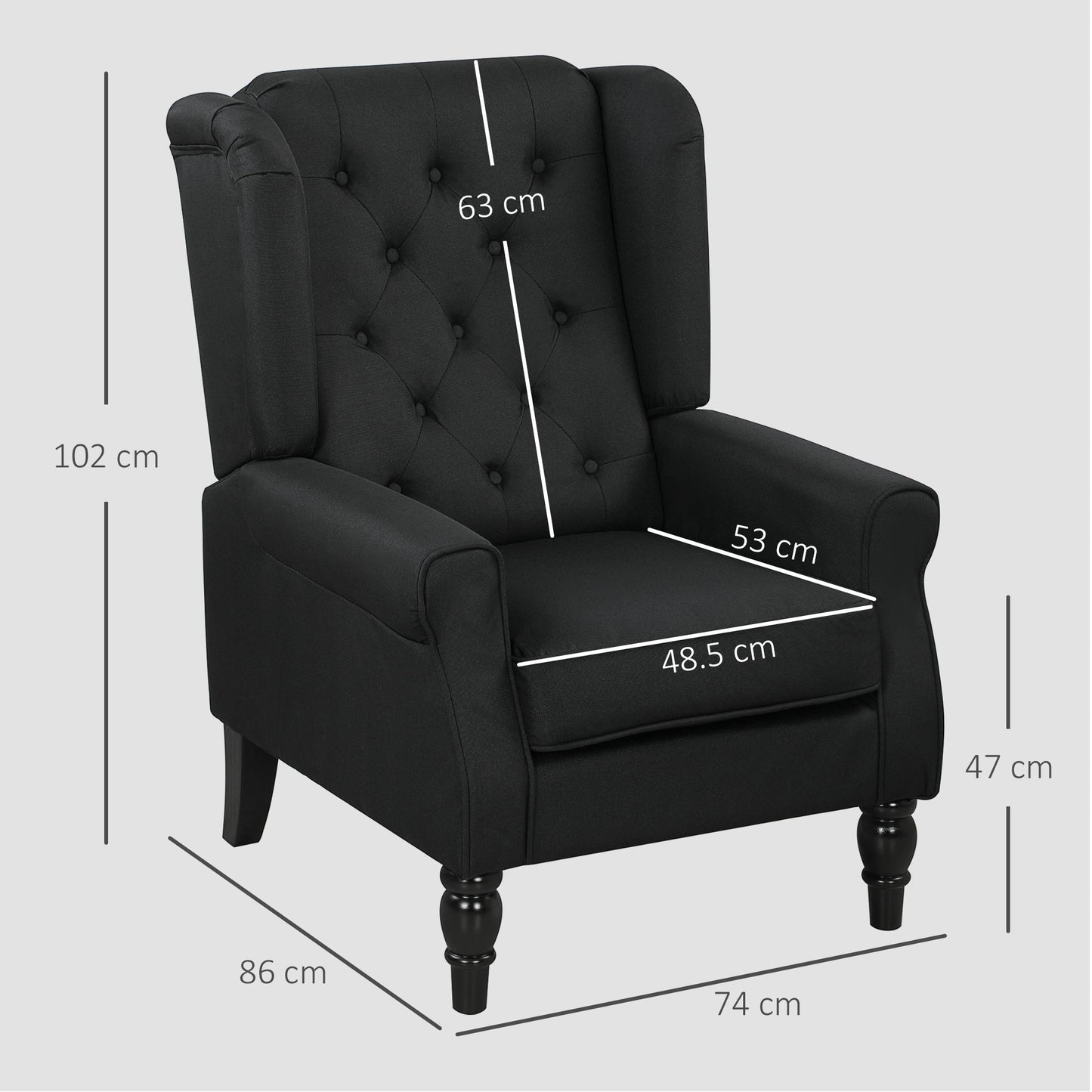 HOMCOM Retro Accent Chair Linen Wingback Armchair With Wood Frame Button Tufted Back For Living Room Bedroom Black