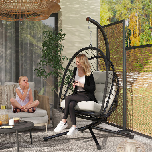 Outsunny Outdoor PE Rattan Egg Chair With Metal Stand Headrest Garden Patio Cushion And Foldable Basket Black