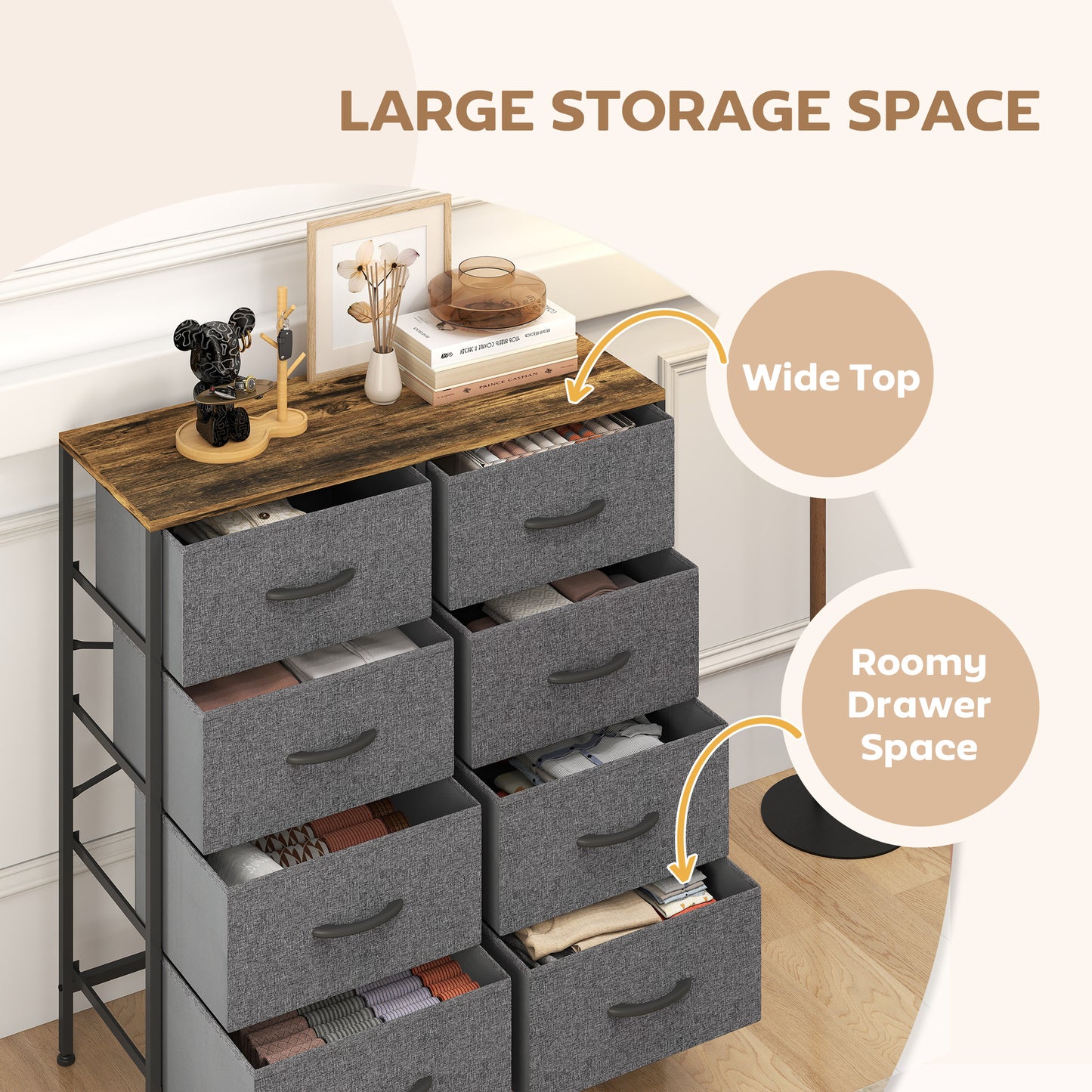 Fabric Chest Of Drawers With Eight Drawers Steel Frame With Wood Top Rustic Brown Grey For Bedroom Nursery Living Room