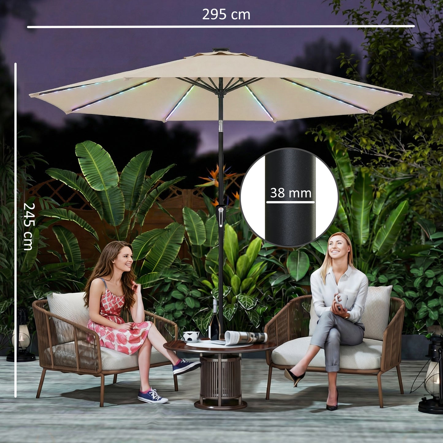 Outsunny 3 Meter Garden Parasol Umbrella With 112 Solar Powered LED Lights And USB Charging Crank Handle Beige