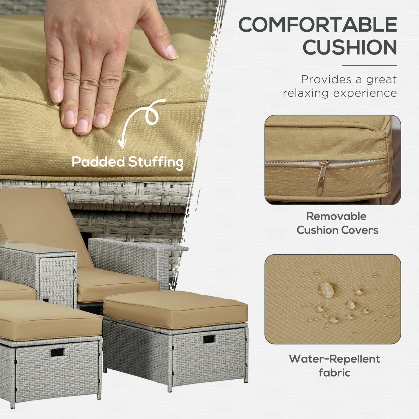 Outsunny 5 Piece PE Rattan Sun Lounger Set With Adjustable Recliners And Storage Footstools Glass Top Table Beige