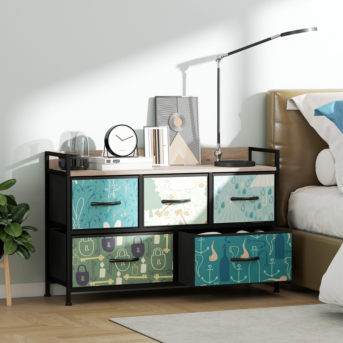 HOMCOM Five Drawer Chest Of Drawers In Blue With Removable Foldable Fabric Drawers For Bedroom Organization