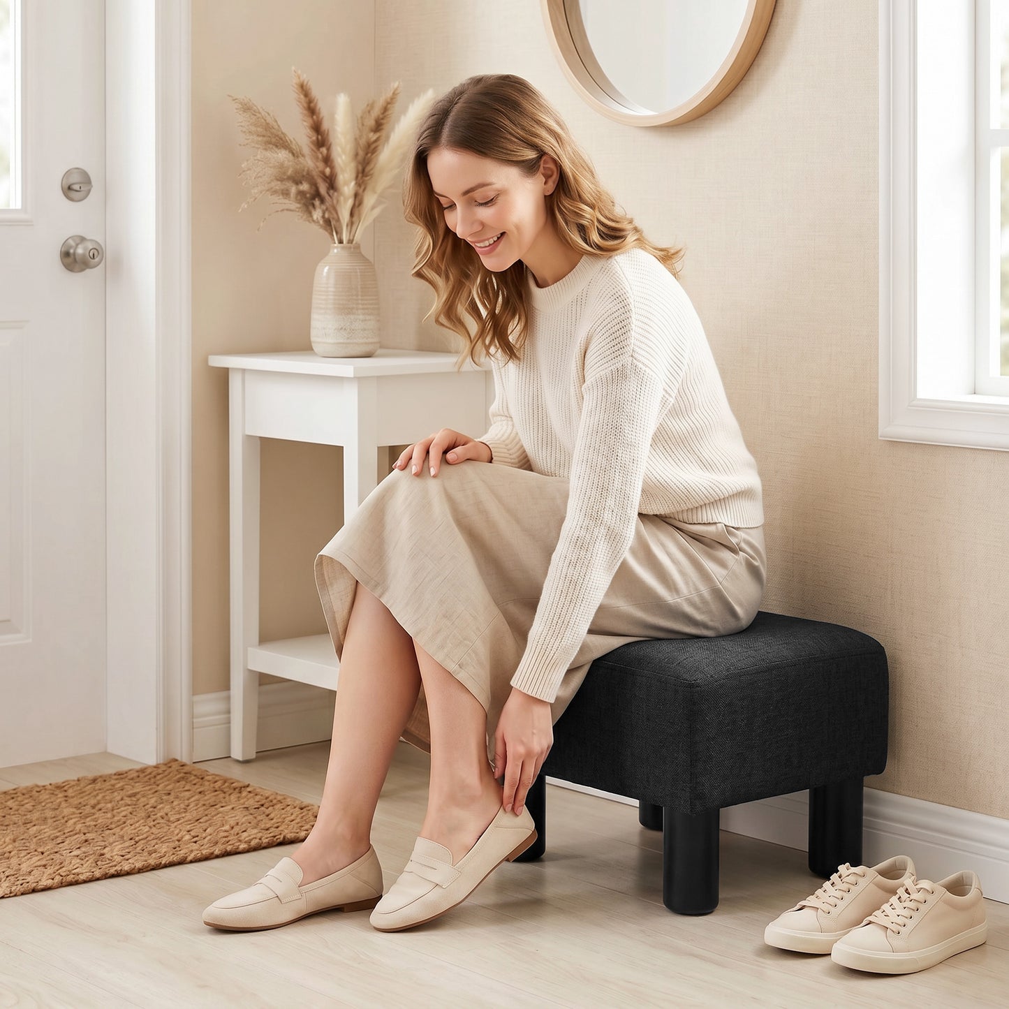 HOMCOM Linen Fabric Footstool Ottoman Cube With Four Plastic Legs Black Padded Seat