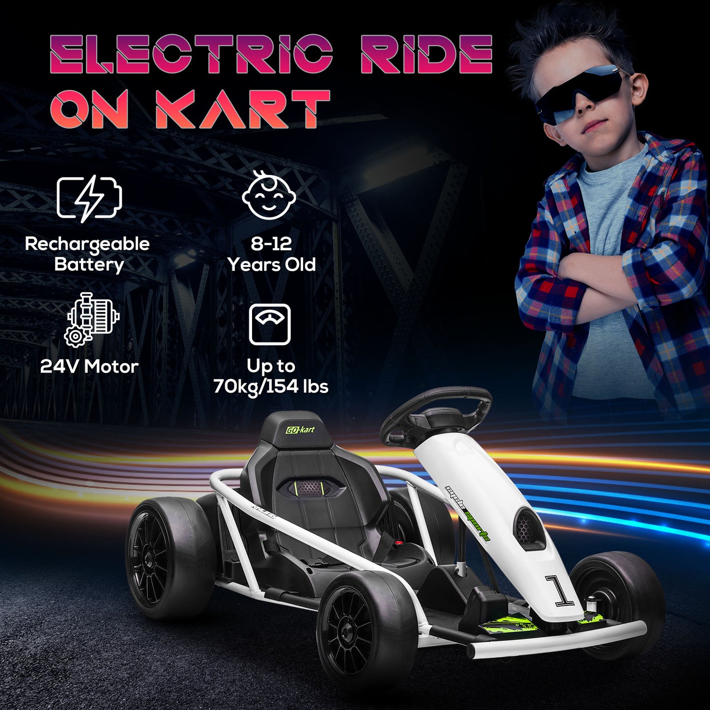 HOMCOM Kids 24V Electric Drift Go Kart, 2-Speed Ride-On Racing Kart for Ages 8-12, White - ALL4U RETAILER LTD