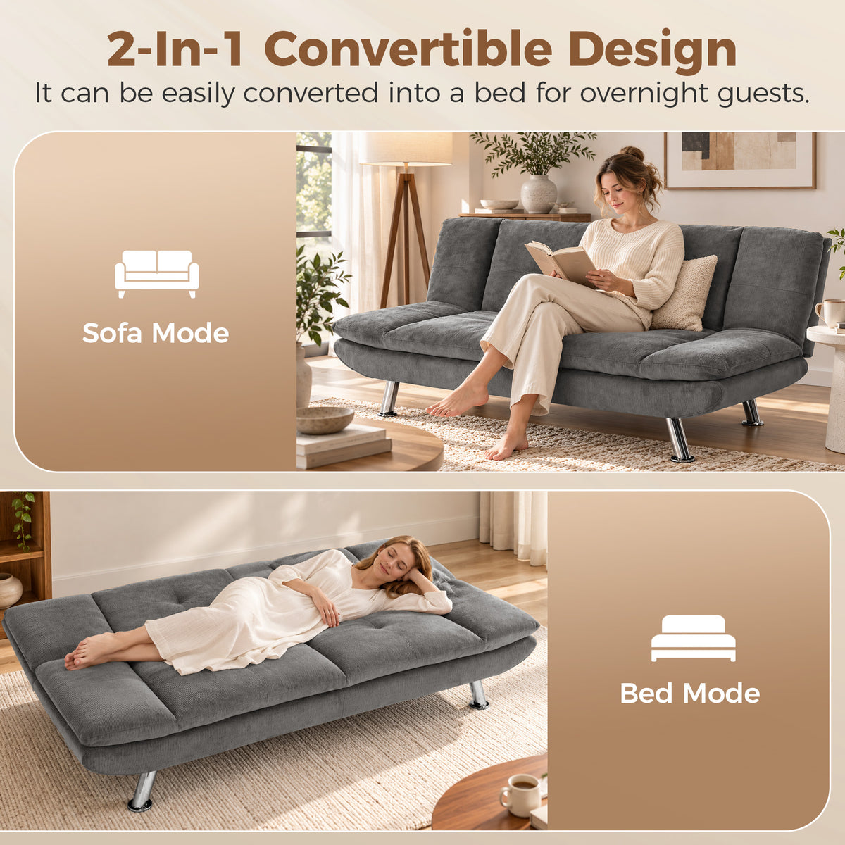 Gray 2-in-1 convertible sofa bed with adjustable backrest for seating or sleeping