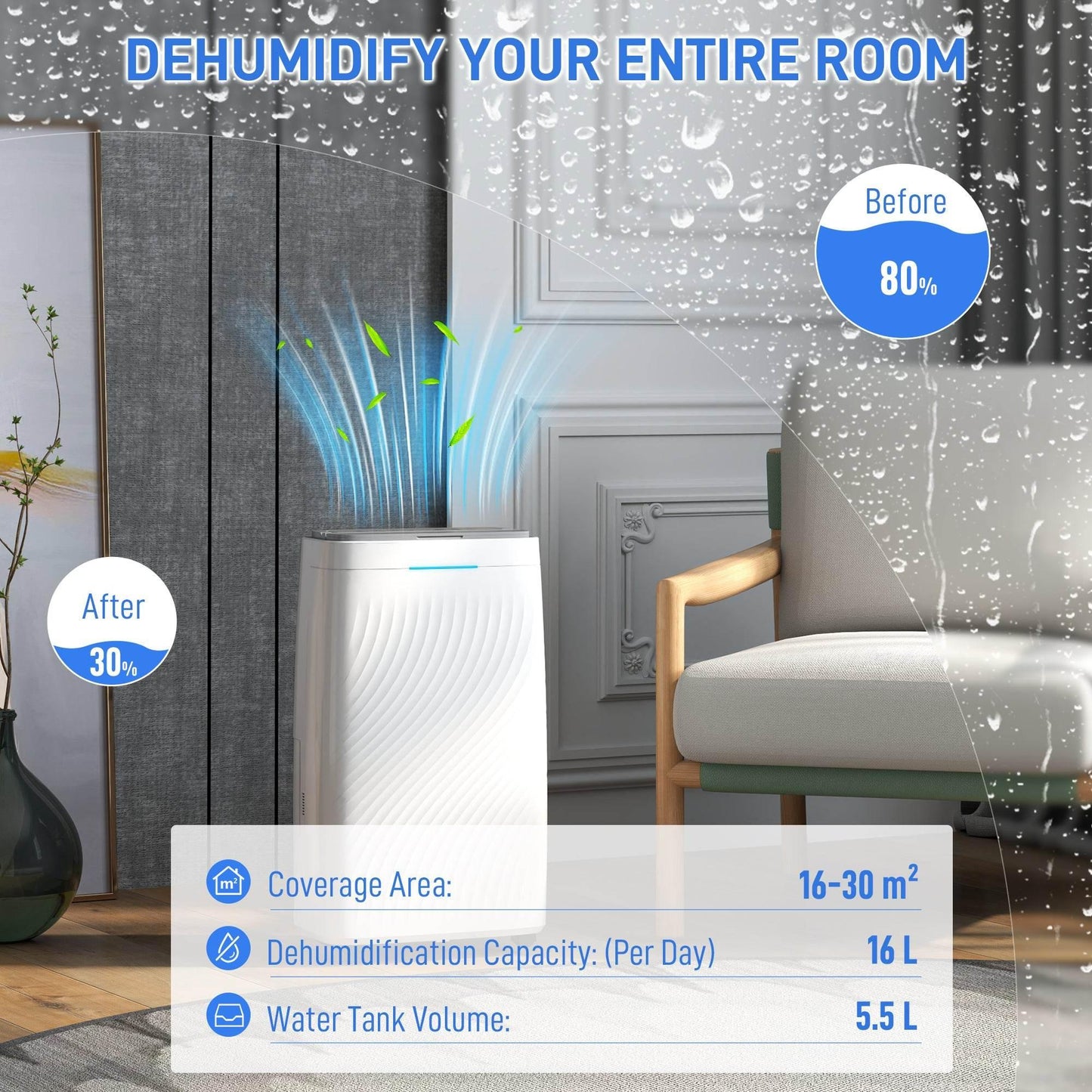 HOMCOM 16L Capacity Dehumidifier with Carbon Filter, Continuous Drainage, 5.5L Tank, 24-Hour Timer, Humidity Indicator, Ideal for Home, Bedroom, and Laundry Drying - ALL4U RETAILER LTD