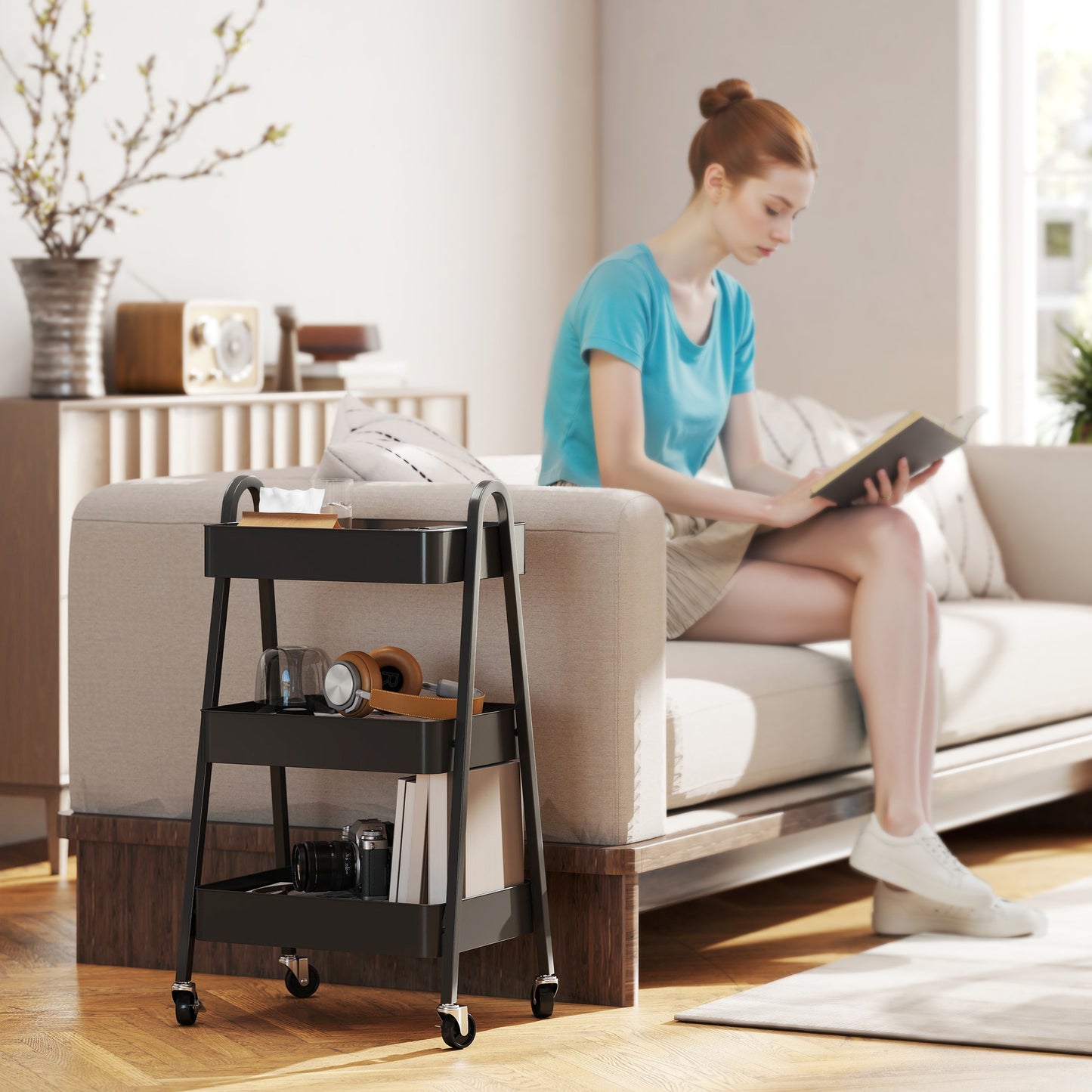 HOMCOM Three Tier Storage Trolley On Wheels With Mesh Bottom Trays For Kitchen Home Office Black
