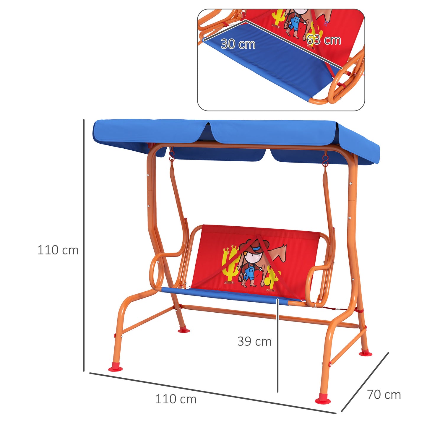 Outsunny Cowboy-Themed Double Seater Kids Swing Chair with Adjustable Canopy and Safety Belts for Outdoor Fun - ALL4U RETAILER LTD