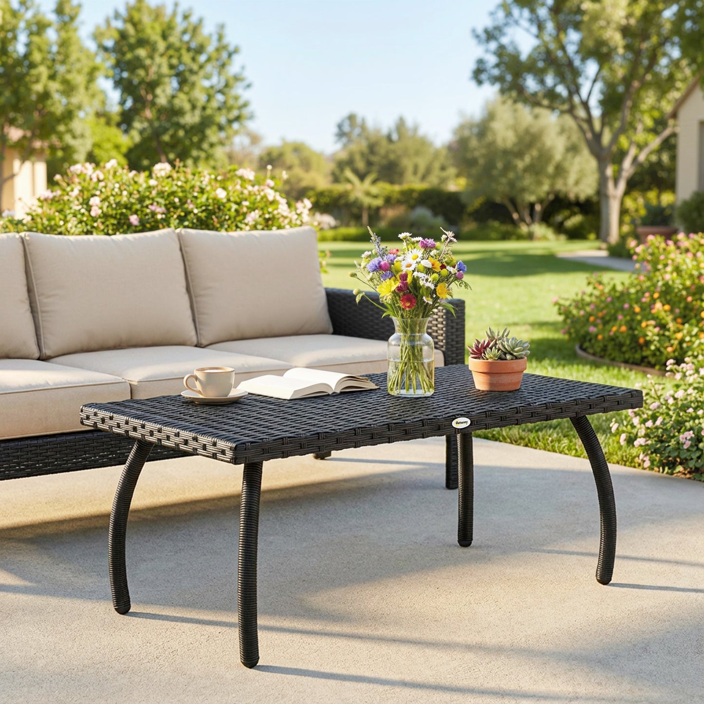 Outsunny PE Wicker Rattan Garden Outdoor Coffee Table Black Rectangular All Weather Durable Metal Frame For Patio