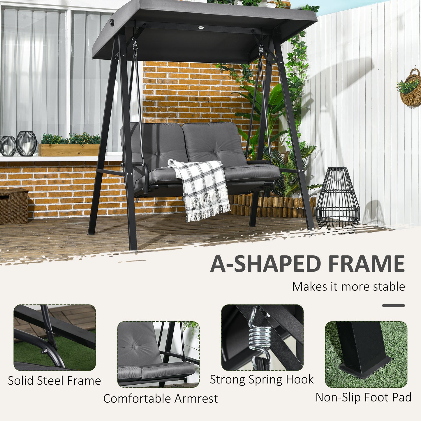 Outsunny Two Seater Garden Swing Bench With Adjustable Canopy Dark Grey Outdoor Patio Furniture