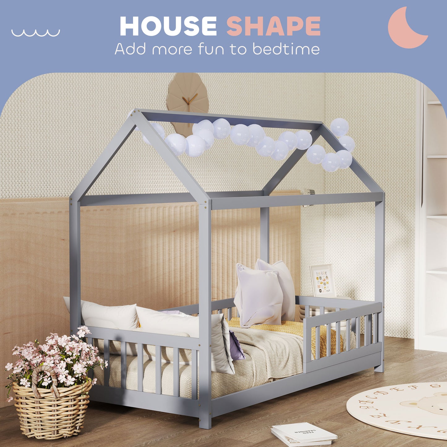 HOMCOM House Shaped Kids Bed Frame With Guard Rails Solid Pine Wood Single Bed Frame For Kids Boys And Girls Grey