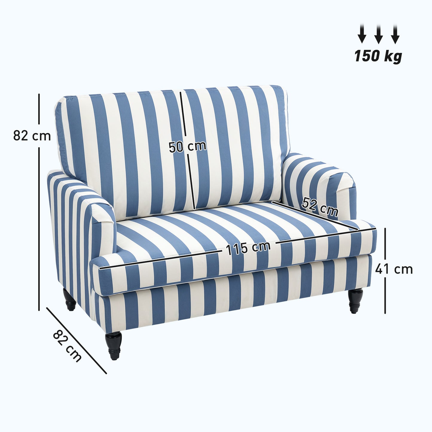 HOMCOM Velvet Cuddle Chair With Stripe Blue And White Modern Armchair Snuggle Sofa For Living Room Bedroom Turned Legs