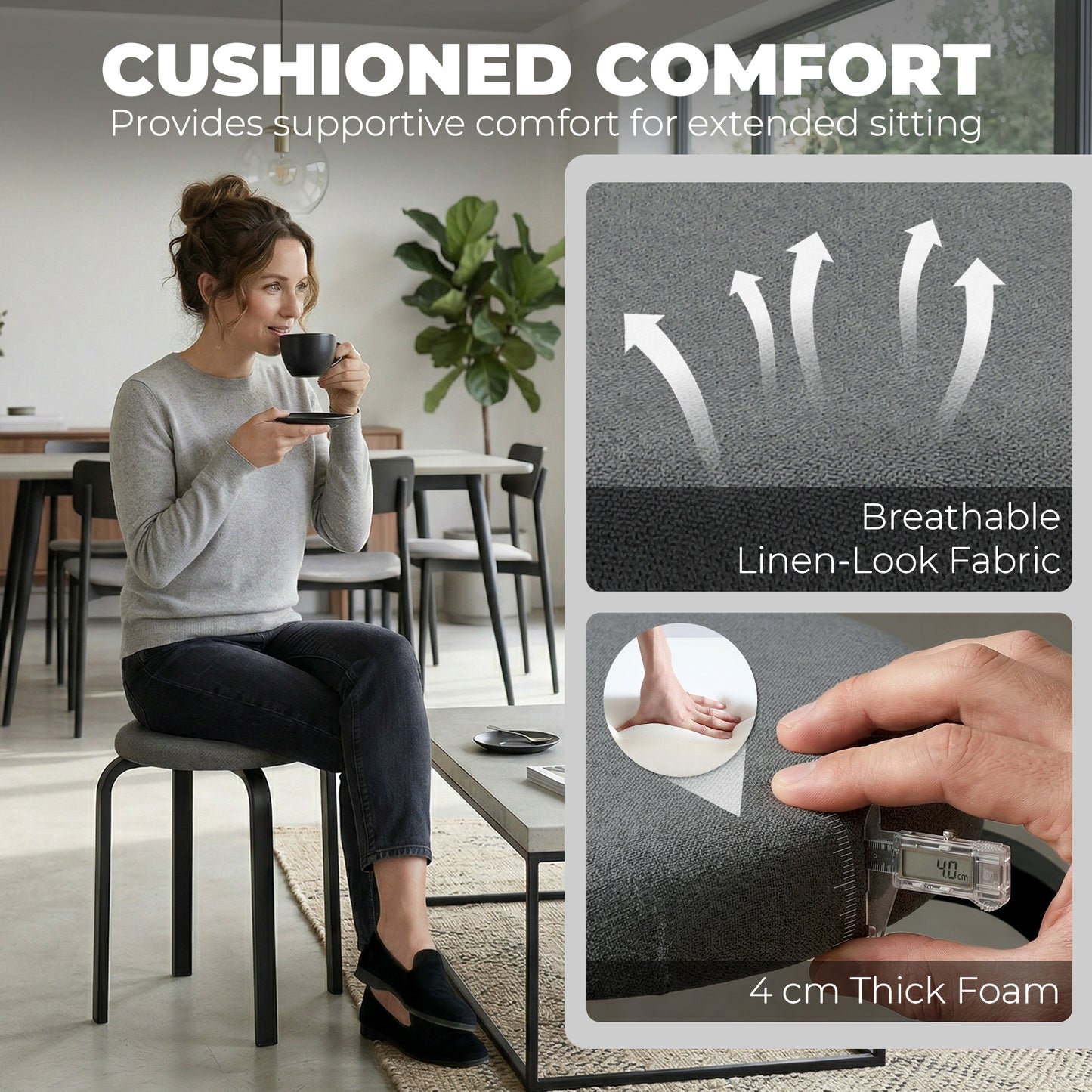 HOMCOM Stackable Cushioned Round Backless Stools Set of 4 for Kitchen Dining Room in Dark Grey