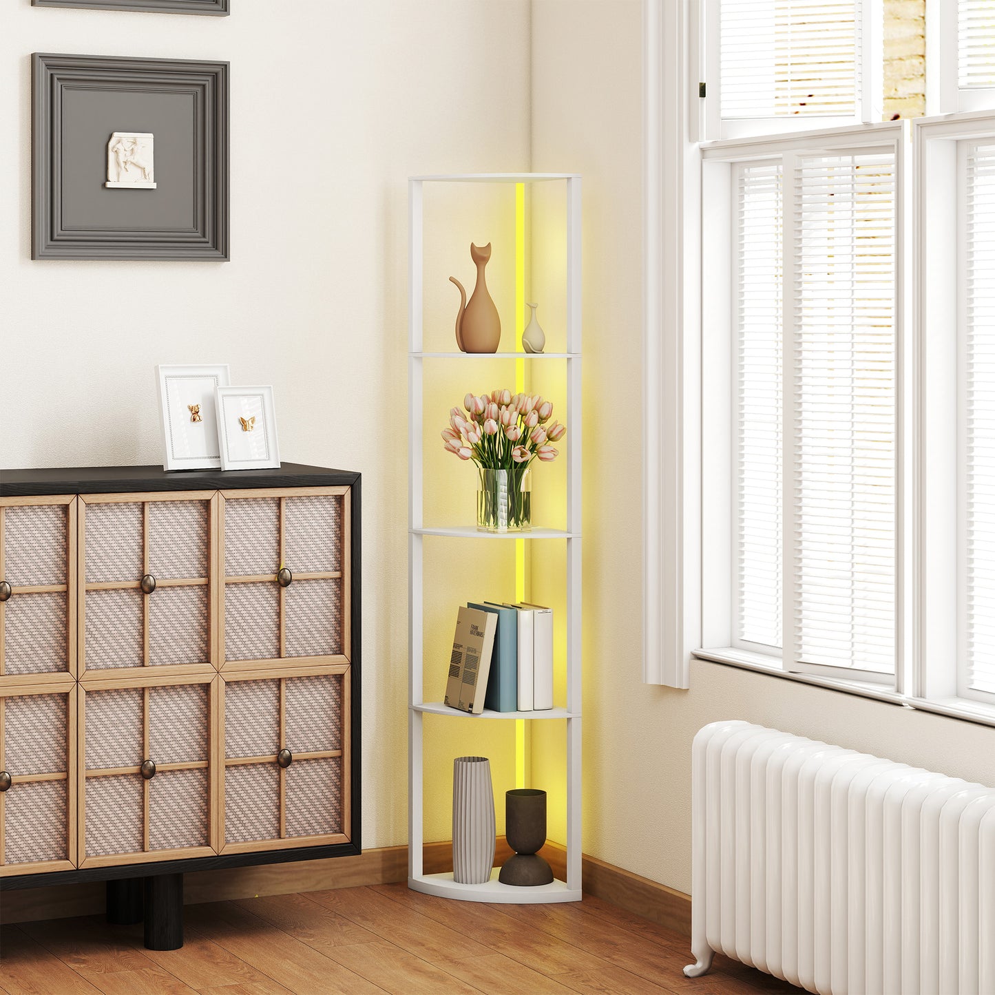 HOMCOM RGB LED Floor Lamp With Shelves 5 Tier Corner Display Shelf Unit For Living Room Bedroom Office White
