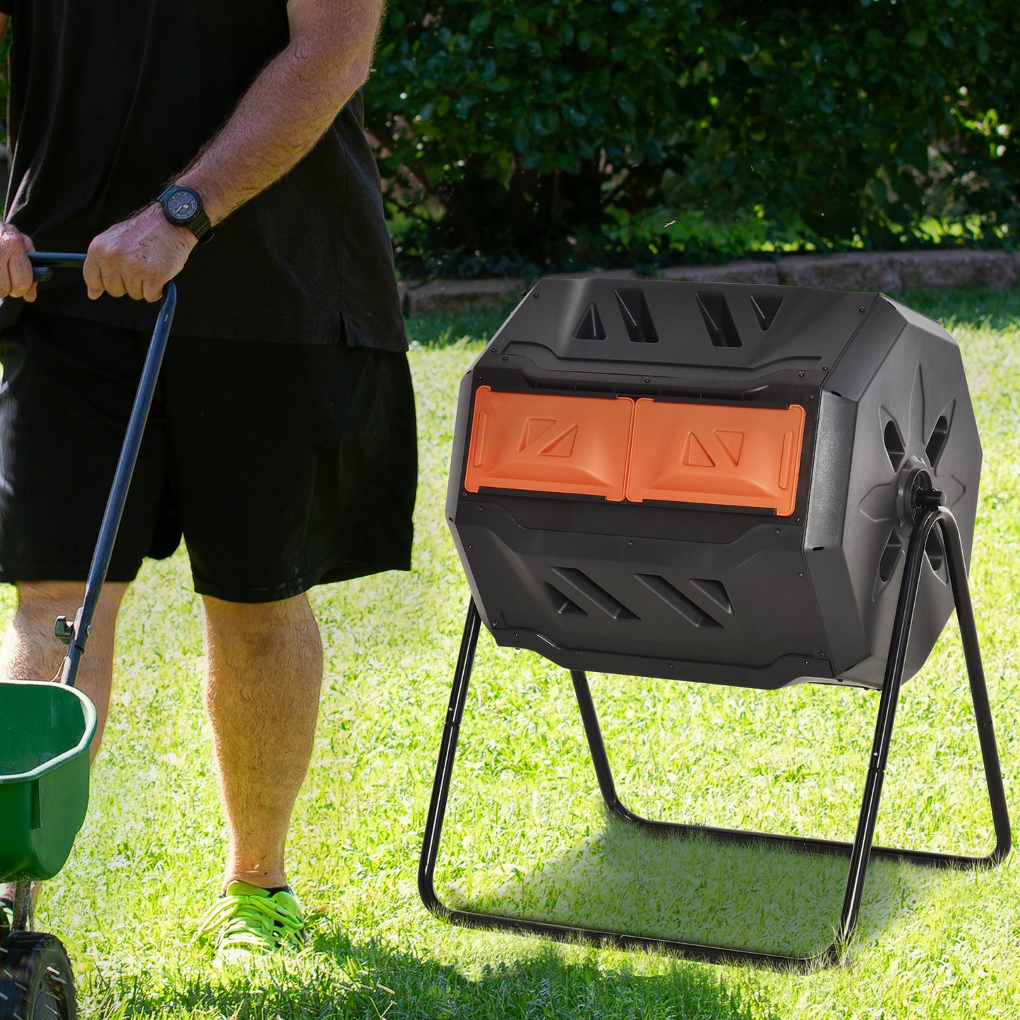 Outsunny 160L 360Â° Rotating Dual Chamber Composter - Orange