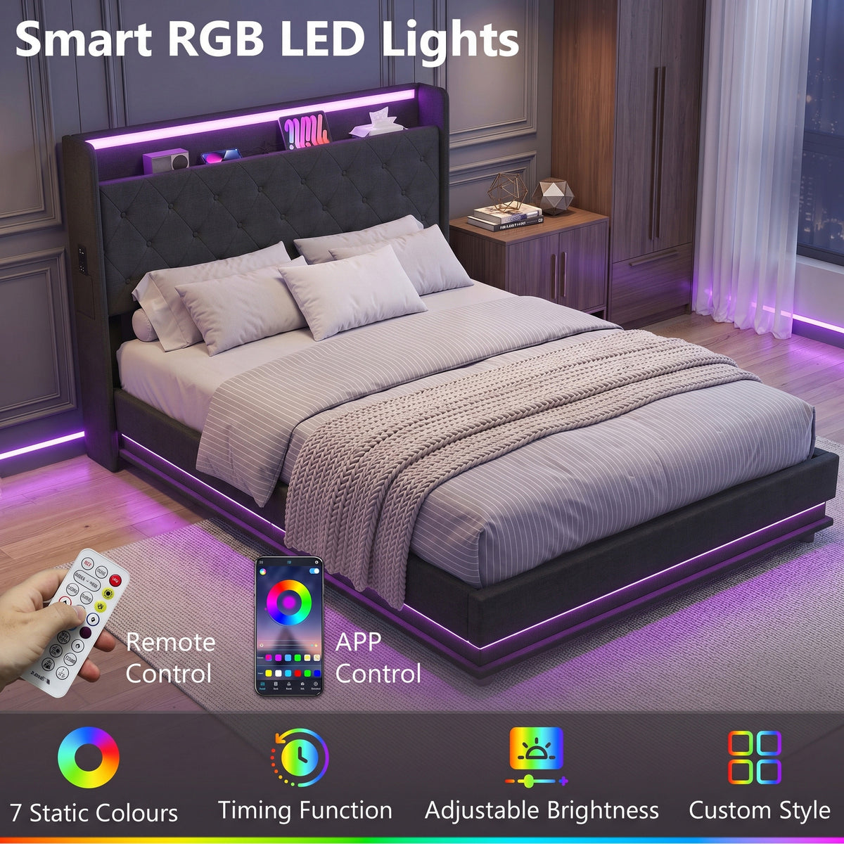 Homcom Double Bed Frame With Hydraulic Storage Led Lights Usb Charging Black