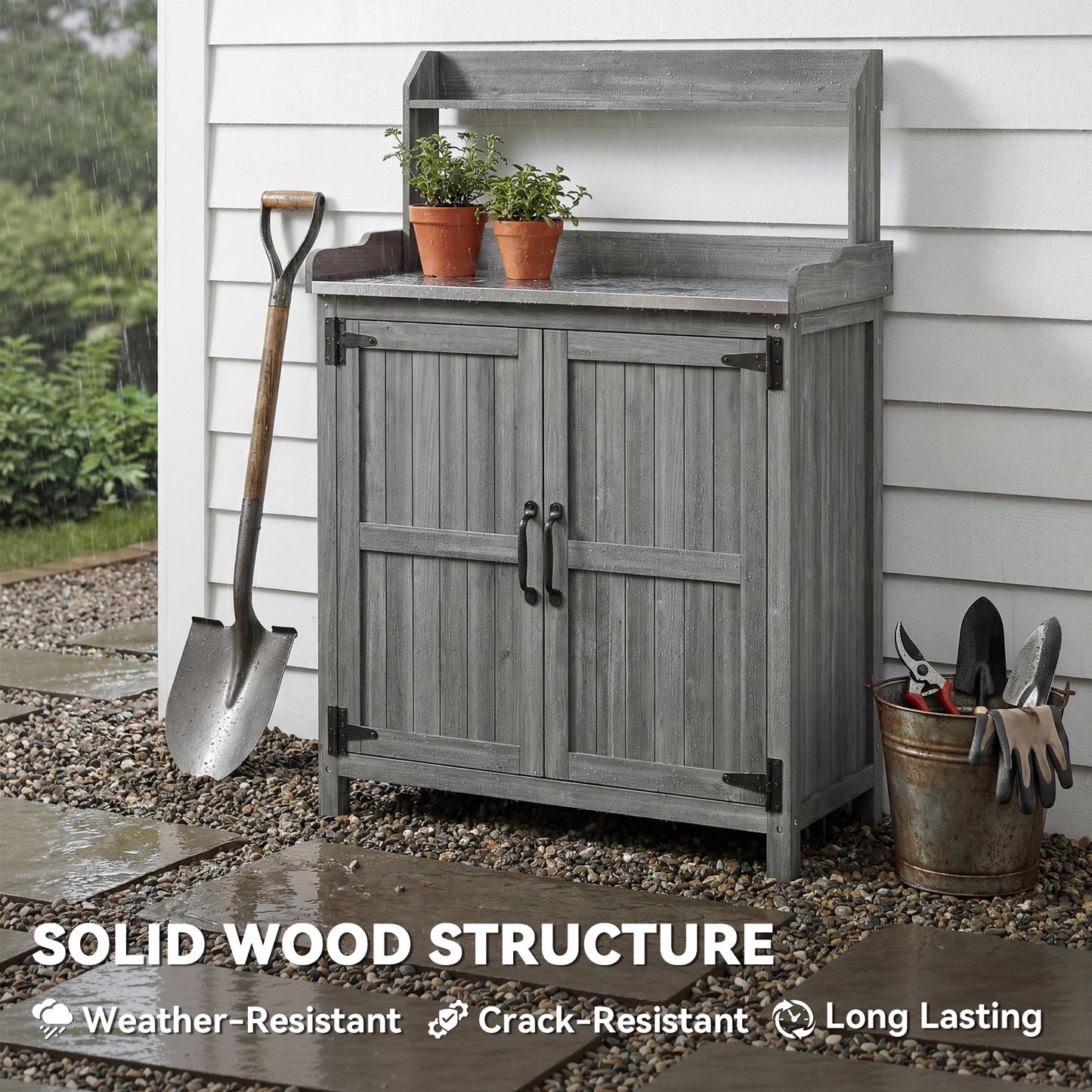Outsunny Wooden Potting Bench Table With Aluminium Worktop Outdoor Garden Workbench Top Shelf And Cabinet Storage