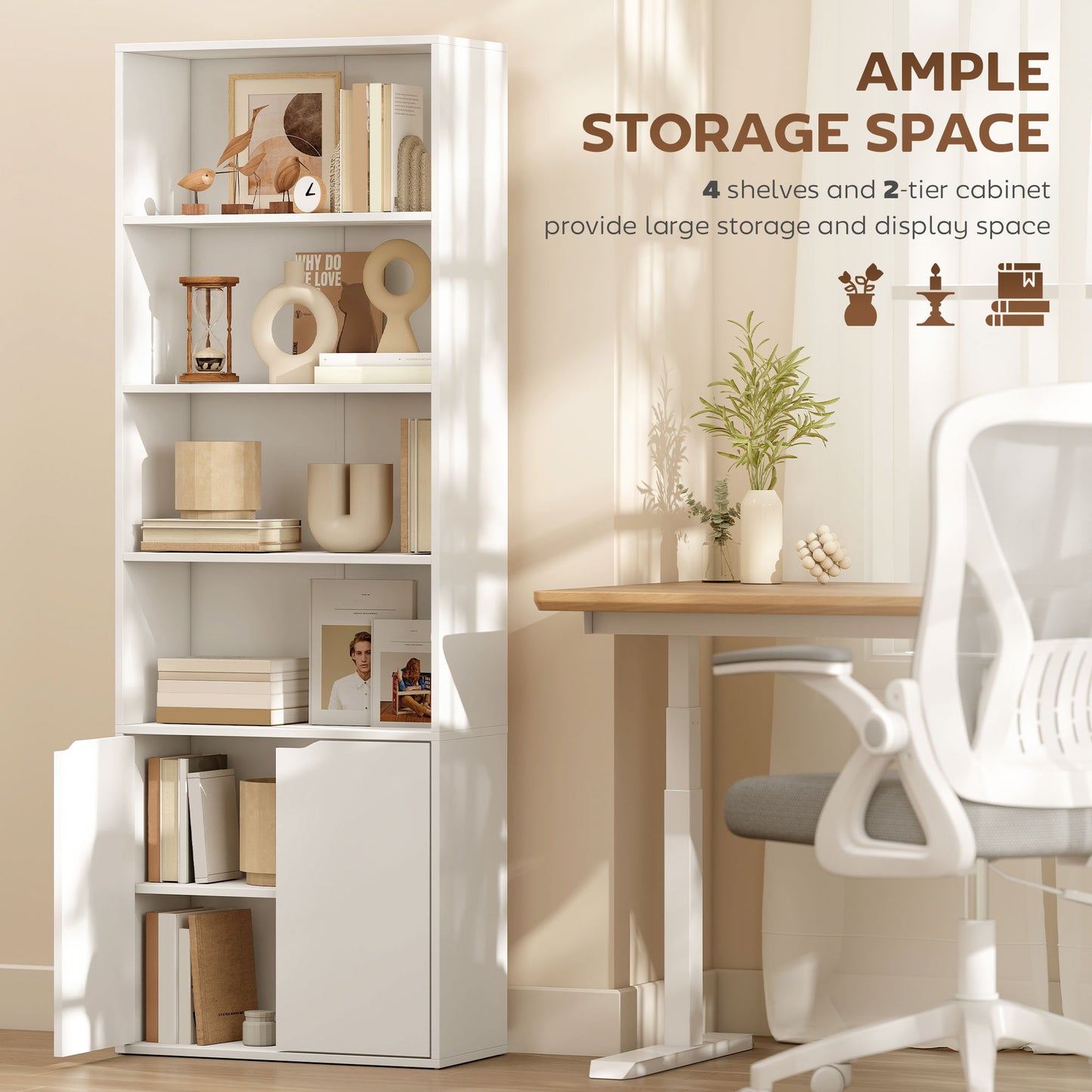 HOMCOM 6 Tier Tall Bookcase With Open Shelves And Double Door Storage Cabinet Freestanding Rack White 59 x 29 x 180 cm