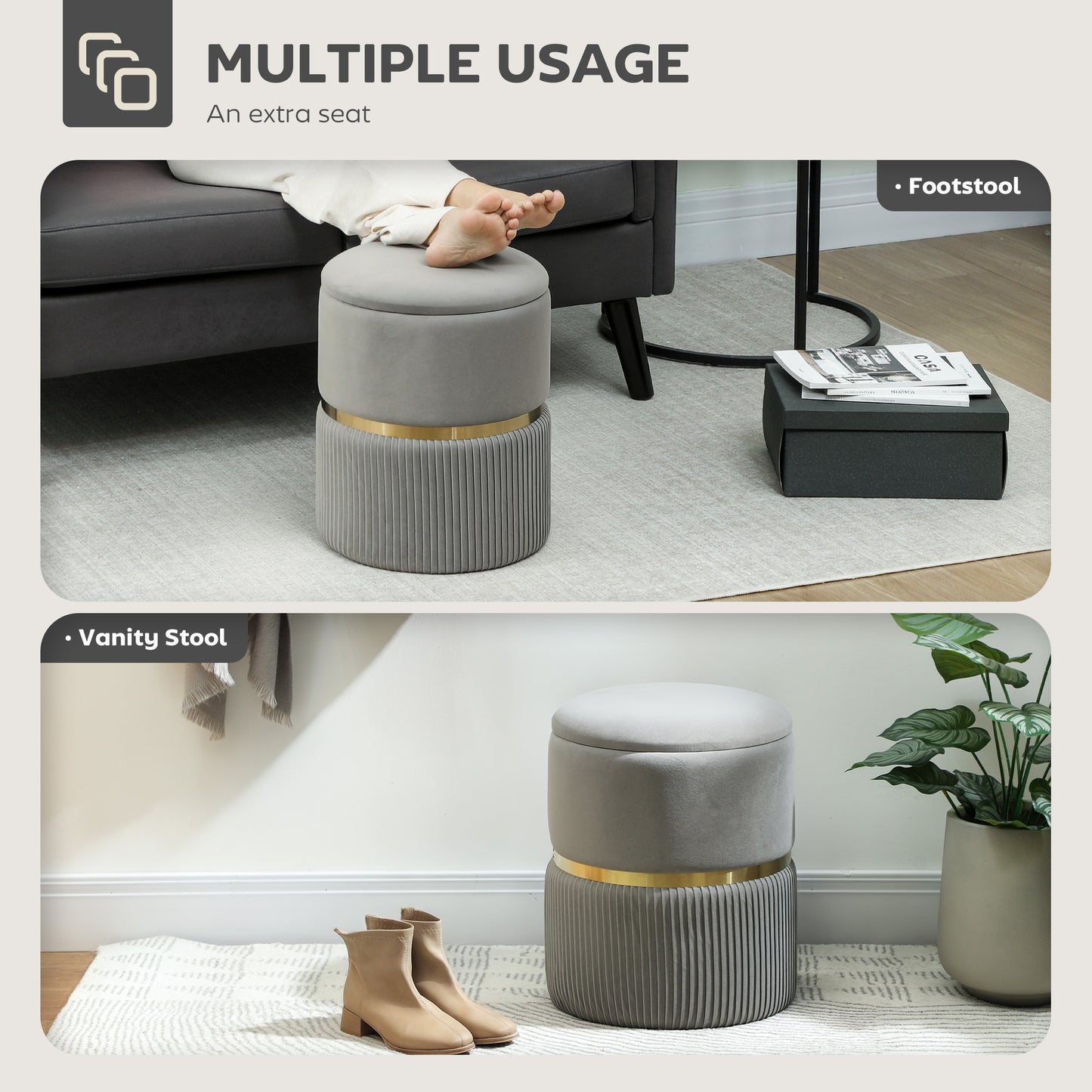 HOMCOM Velvet Feel Storage Ottoman With Under Seat Storage In Light Grey For Living Room