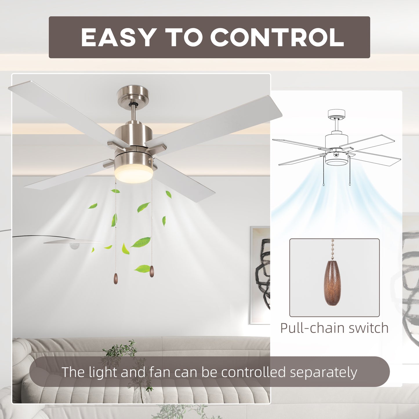 HOMCOM Silver & Natural Tone Ceiling Fan with LED Light and Reversible Blades, Pull-Chain Control - ALL4U RETAILER LTD