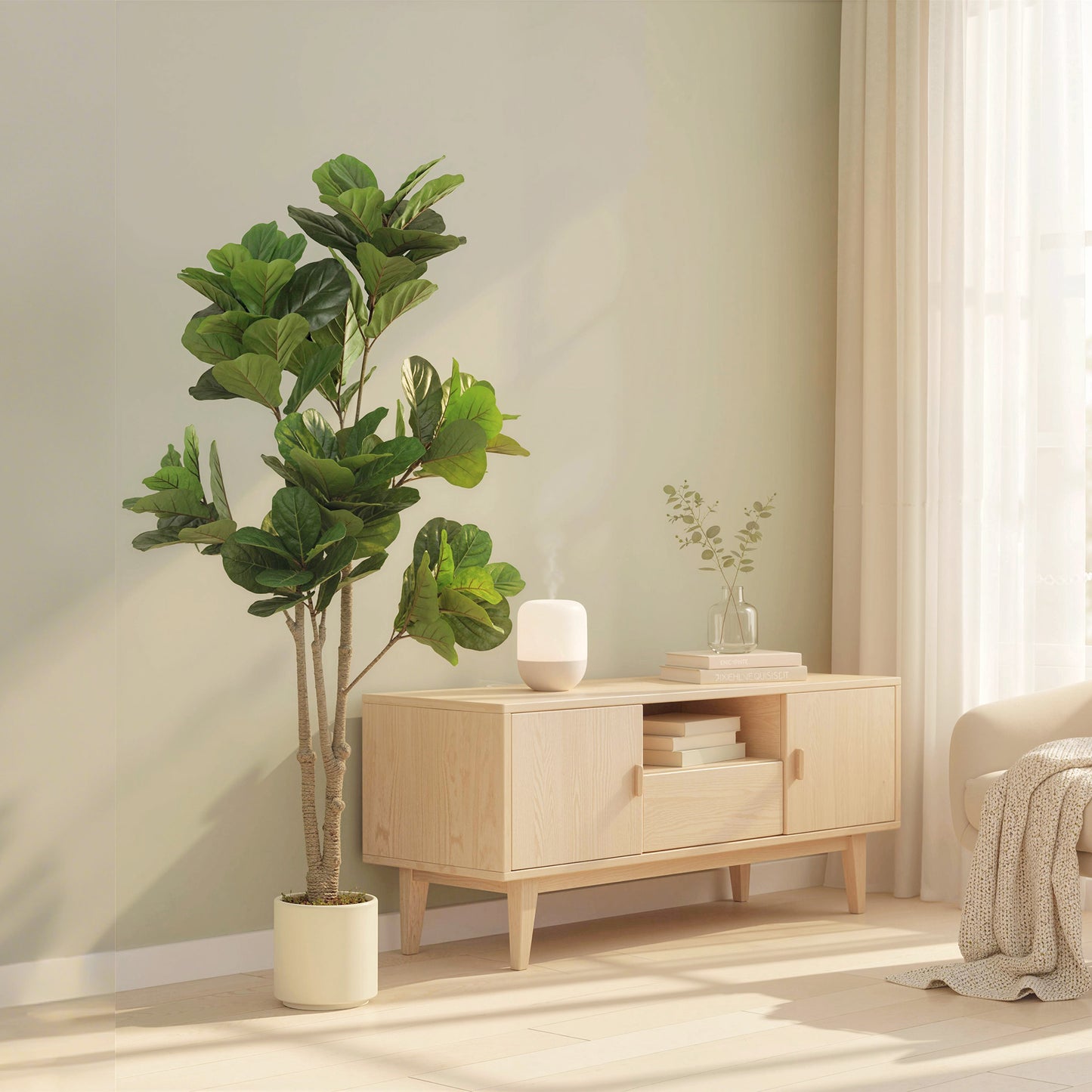HOMCOM 180cm Artificial Fiddle Leaf Fig Tree White Cement Planter Realistic Leaves Textured Trunk