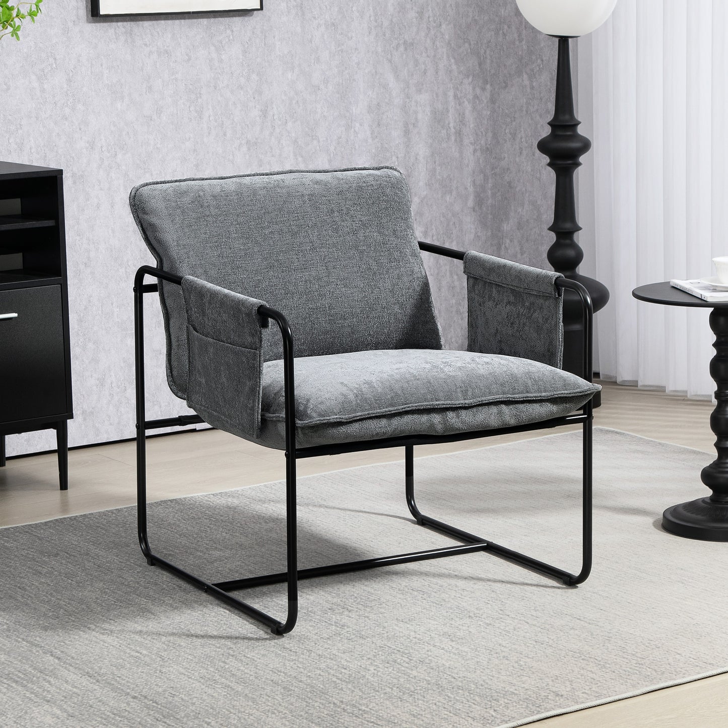 HOMCOM Minimal Padded Accent Chair With Pockets Grey Chenille Upholstery Removable Washable Covers And Storage Arms