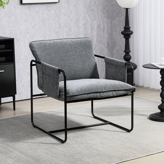 HOMCOM Minimal Padded Accent Chair With Pockets Grey Chenille Upholstery Removable Washable Covers And Storage Arms