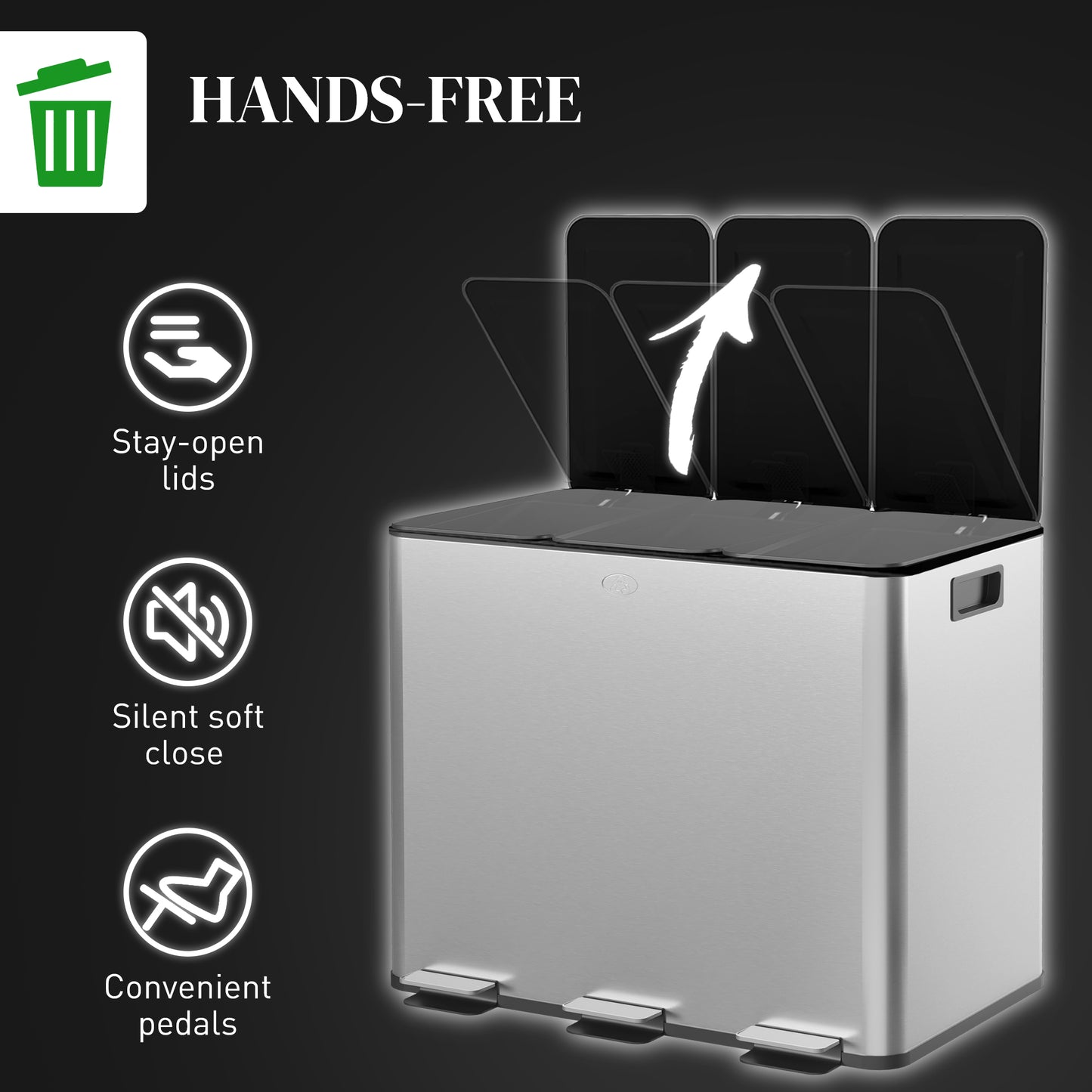 HOMCOM Triple 20L Pedal Bin Stainless Steel With Soft Close Lid And Removable Inner Buckets Silver