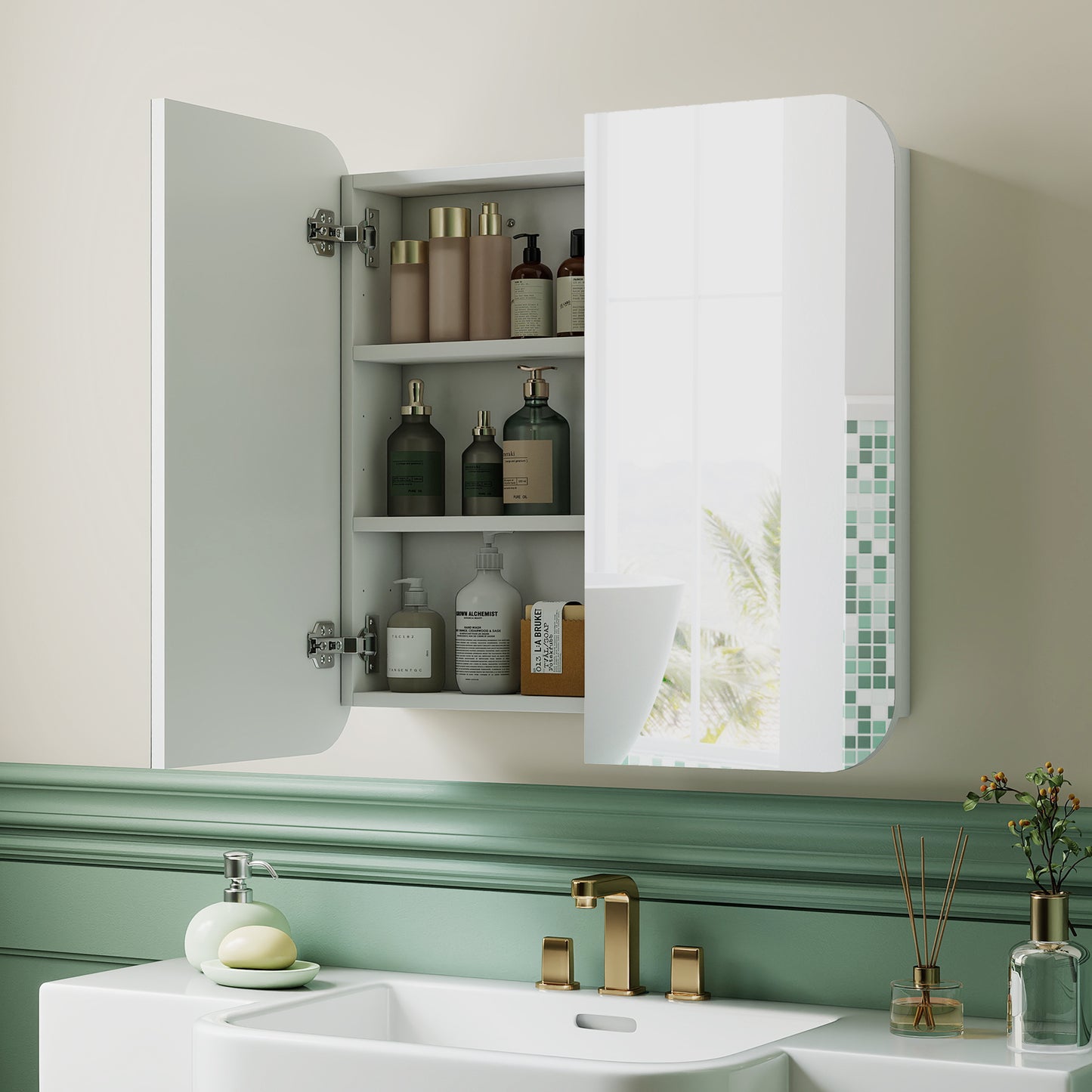 HOMCOM Arched Bathroom Mirror Cabinet With Adjustable Shelves White Wall Mounted