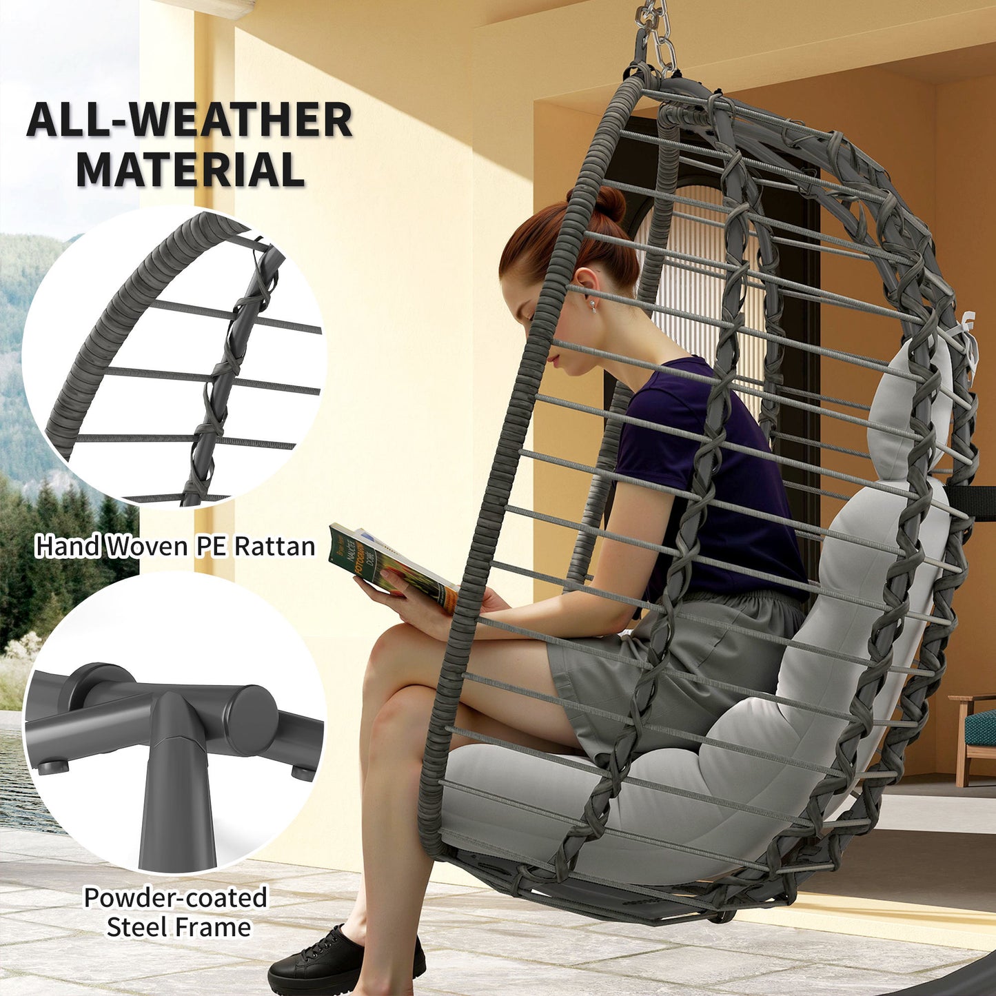 Outsunny Rattan Egg Chair With Stand Cushion Foldable Wicker Swing Adjustable Height Head Pillow Steel Frame Light Grey