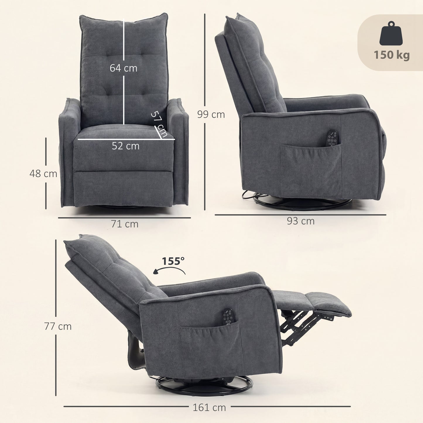 HOMCOM Chenille Recliner Chair With Massage And Heat Eight Point Vibration 360 Degree Swivel Manual Recliner Dark Grey