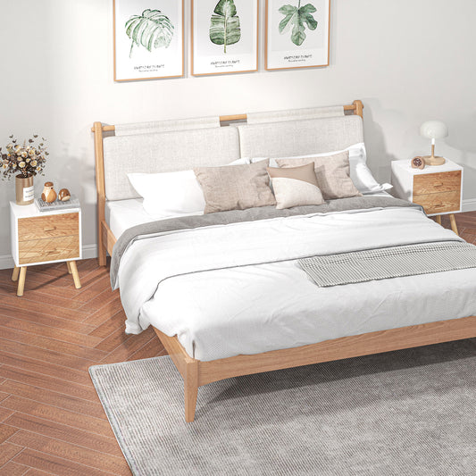 HOMCOM Bedside Table Set of 2 Modern Nightstands with Drawers and Pine Wood Legs White and Natural