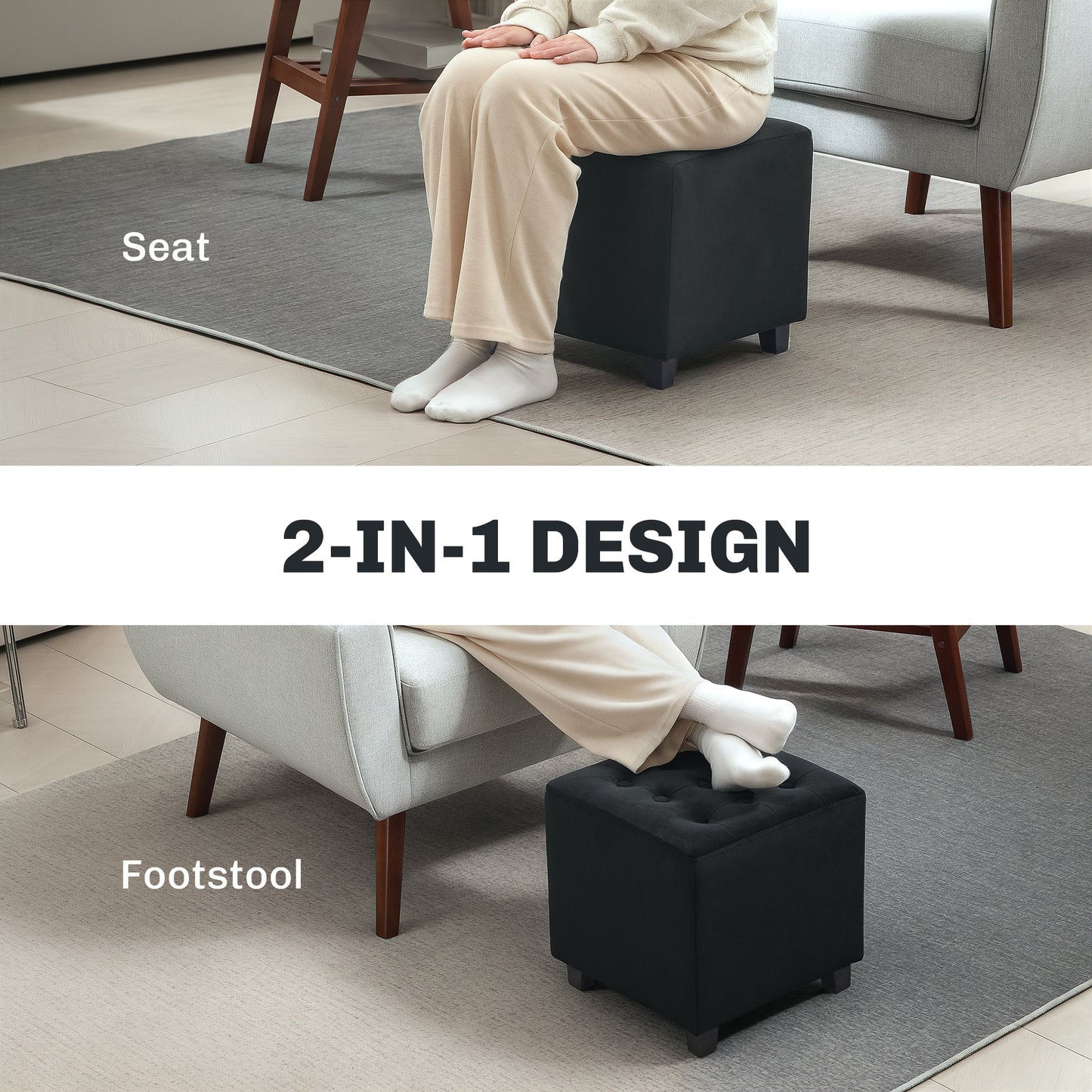 HOMCOM Velvet Feel Square Ottoman Grey Footstool Pouffe 35cm Square Compact Soft Velvet Finish