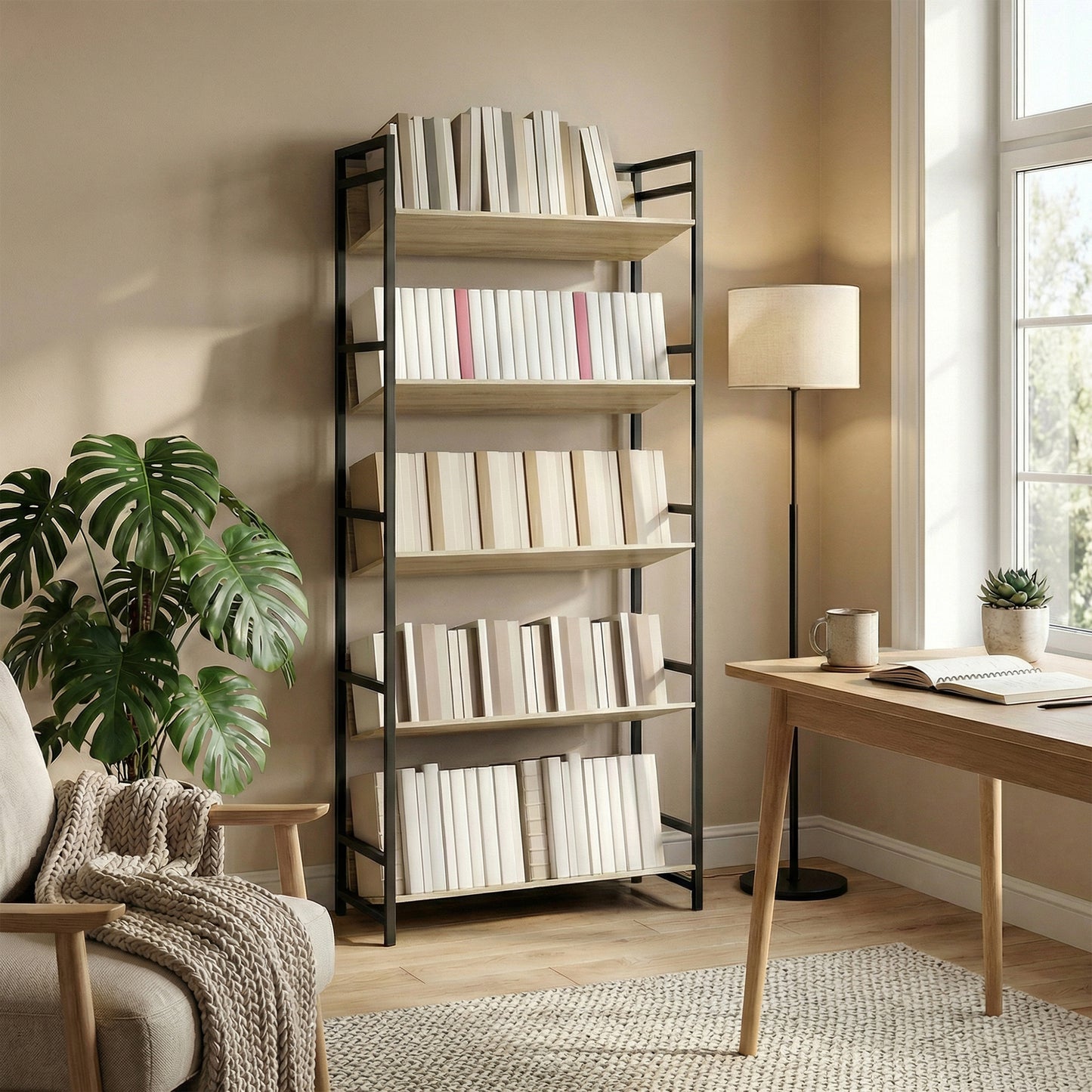 HOMCOM 5 Tier Metal Frame Bookcase Oak Finish For Living Room Storage Shelves With Anti Fall Design