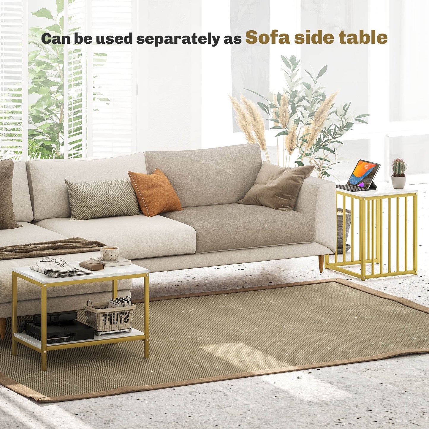 Elegant Marble-Effect Nesting Coffee Table Set with Gold Steel Frame - Modern Side Tables for Living Room - ALL4U RETAILER LTD