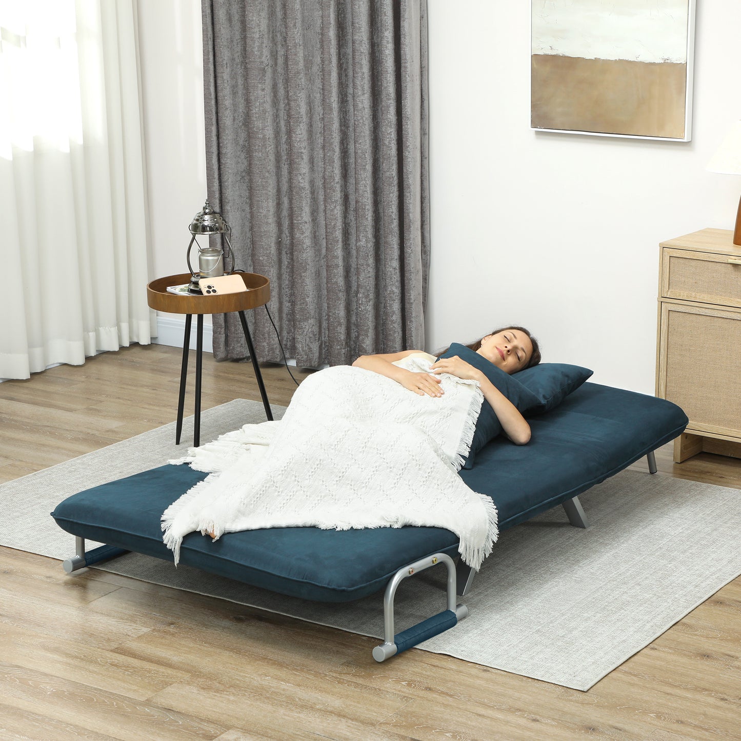 HOMCOM Two Seater Click Clack Sofa Bed Navy Blue With Adjustable Back And Faux Suede Upholstery
