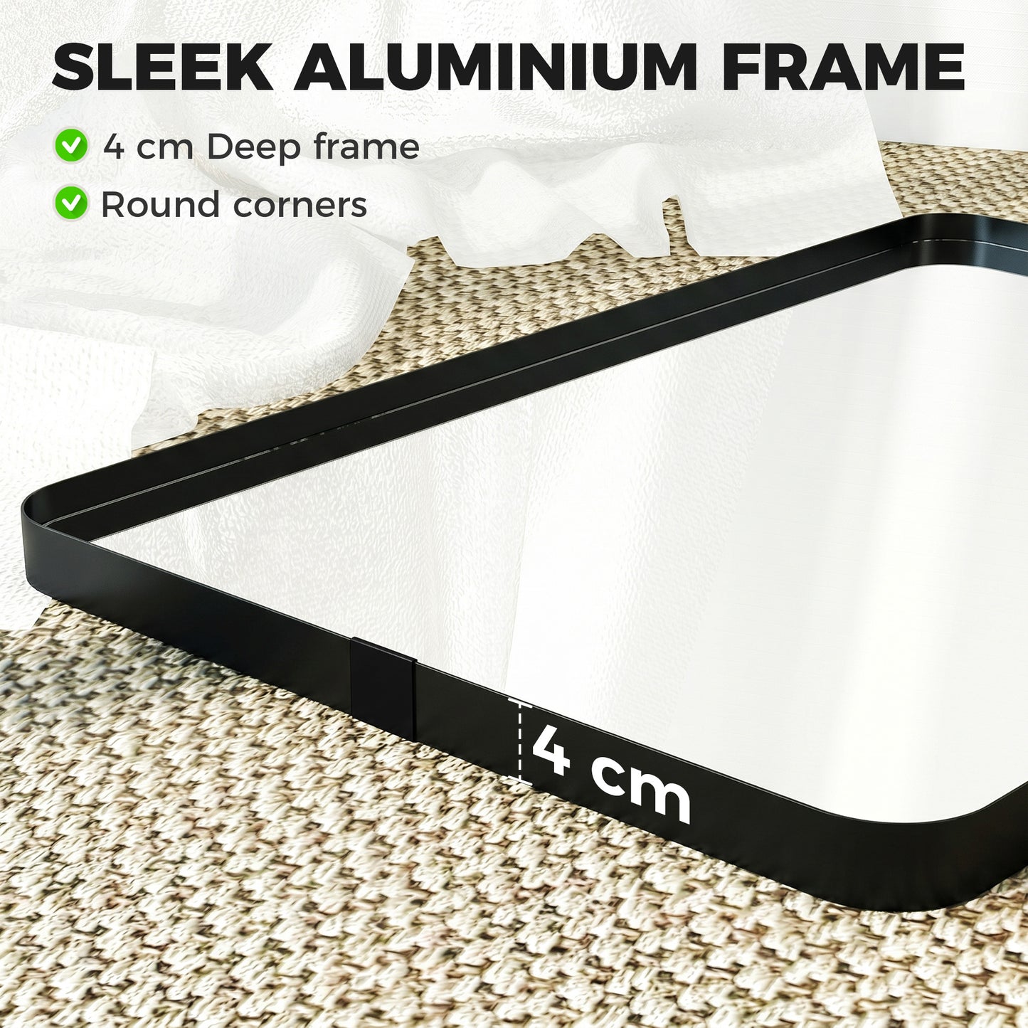 HOMCOM Runway Shaped Rectangular Wall Mirror 90 x 60 cm With Aluminium Alloy Frame And Tempered Glass In Black