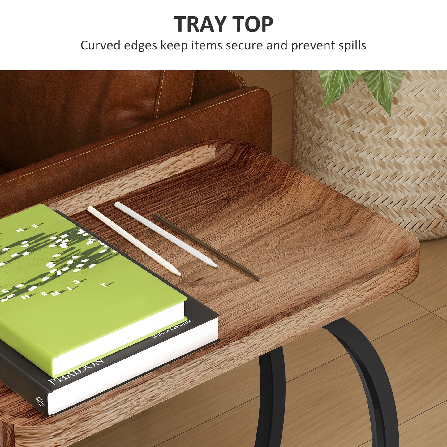 HOMCOM 2 Tier Mobile C Shaped Side Table Brown With Tray Top And Two Tier Storage