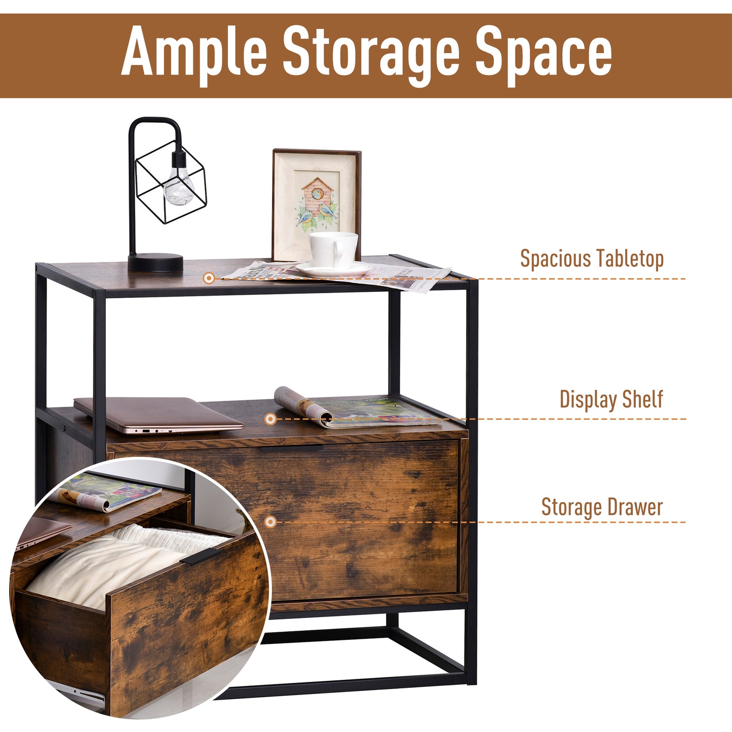 HOMCOM Industrial Style Side Table With Drawer Open Shelf Steel Frame Large Base Two Tone Chestnut Brown And Black